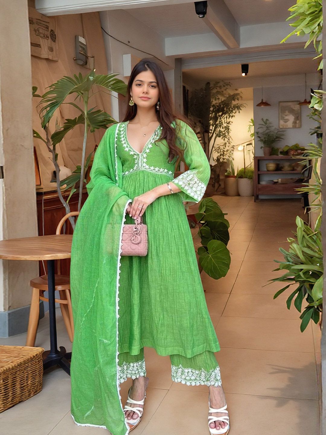 Aaghnya Floral Yoke Design Empire V-Neck A-Line Kurta With Palazzos & Dupatta