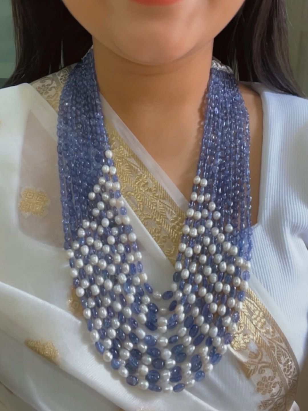 Raj Gems Natural Tanzanite & Pearls Gemstone Beads Necklace-image-25