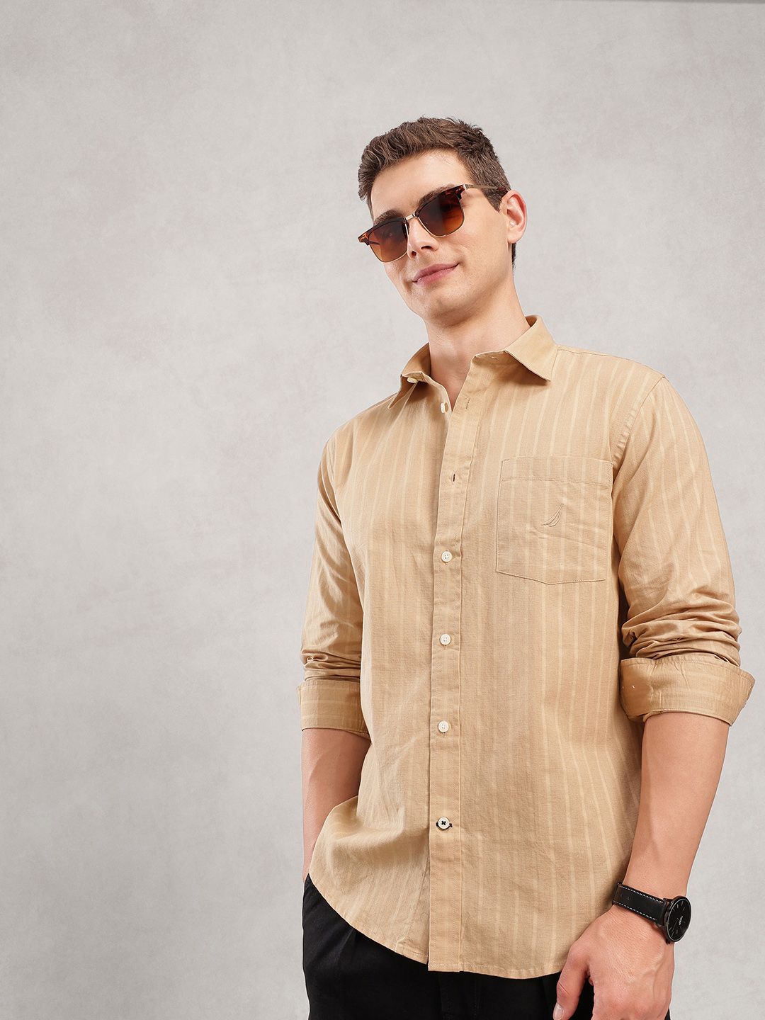 Nautica Men Premium Slim Fit Cotton Linen Casual Shirt-image-8