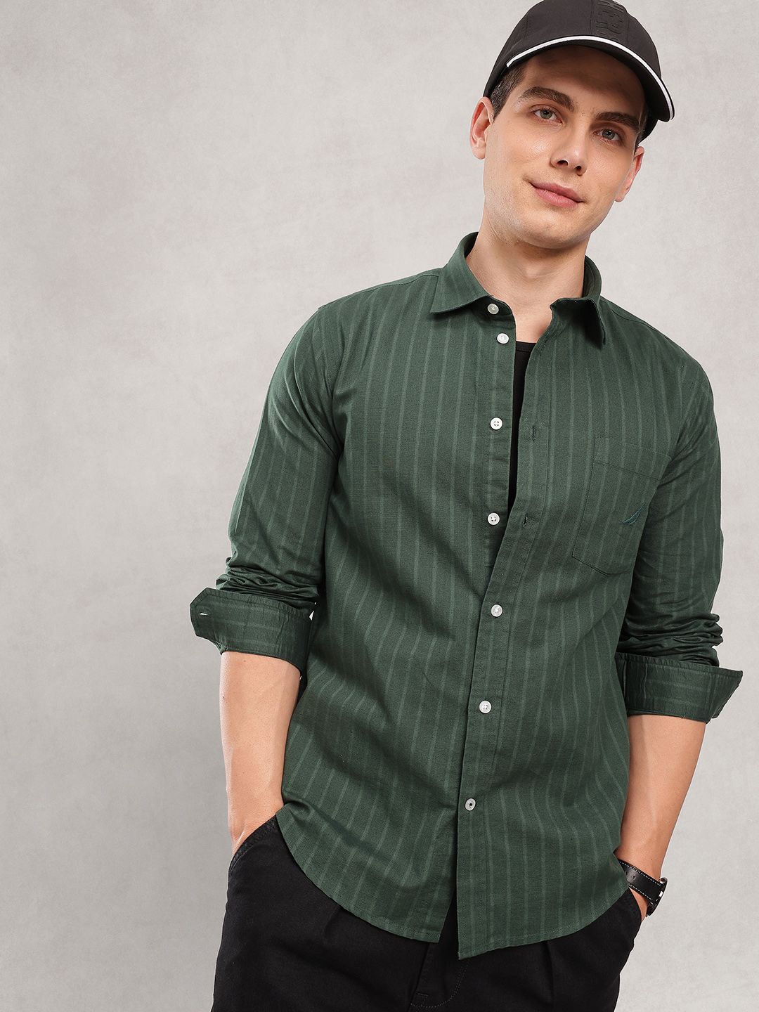 Nautica Men Premium Slim Fit Striped Cotton Linen Casual Shirt-picture-42