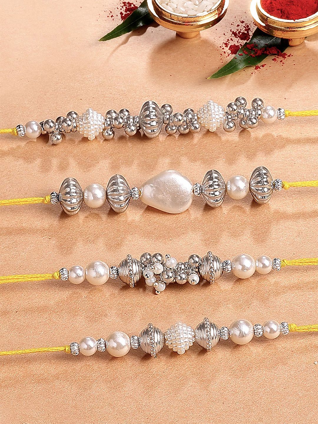 KARATCART Set Of 4 Silver Beads & Pearl Kundan Thread Rakhi for Brother with Roli & Chawal-picture-23