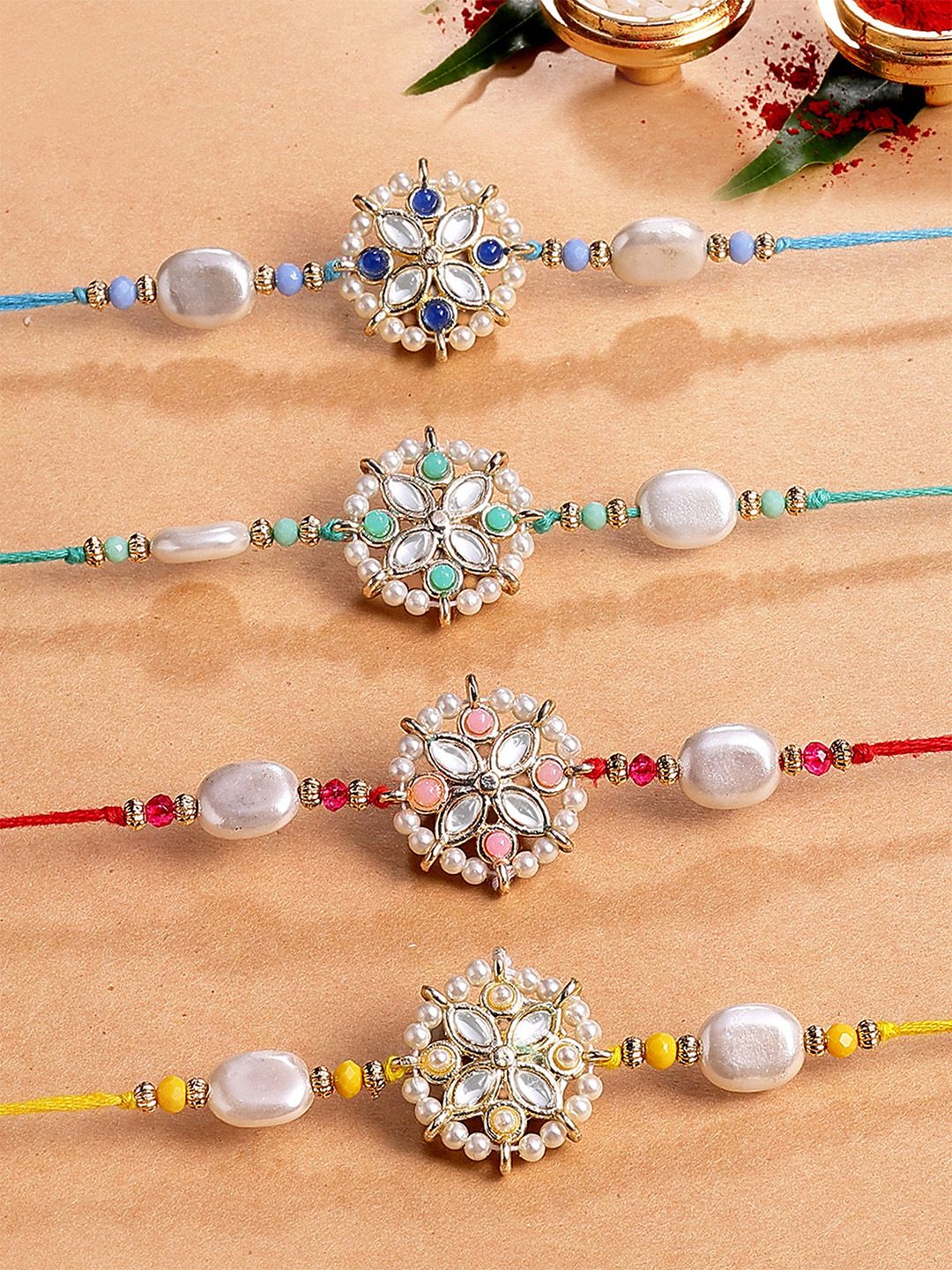 KARATCART Set Of 4 Kundan Studded Floral Thread Rakhi-picture-33
