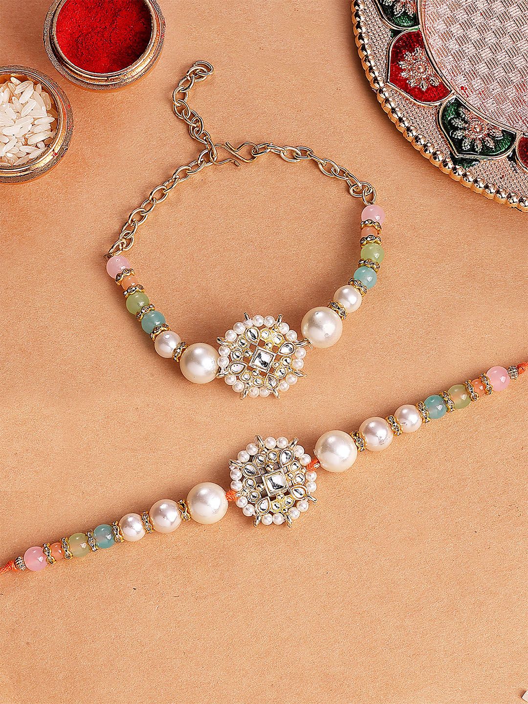 KARATCART Gold-Plated Beads Floral Kundan Bhiya Bhabhi Rakhi with Roli & Chawal-picture-39