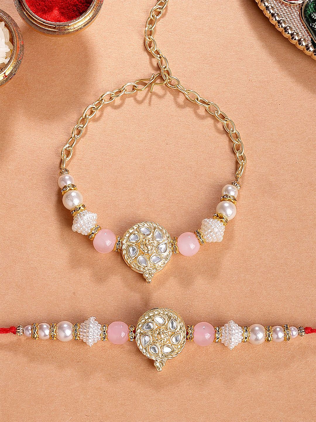 KARATCART Gold Plated Beads Floral Kundan Bhiya Bhabhi Rakhi with Roli & Chawal-picture-25