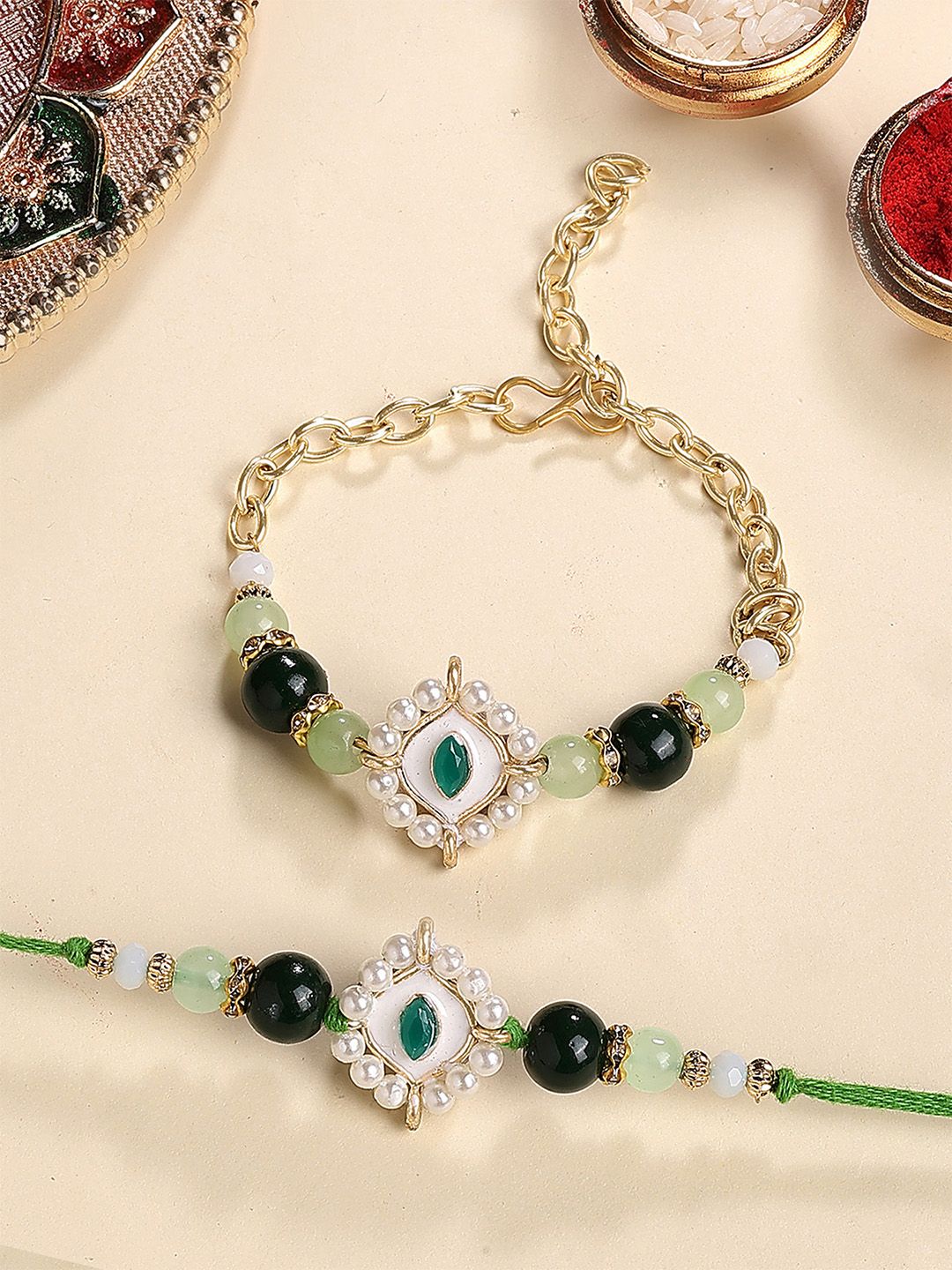 KARATCART Gold-Plated Evil Eye Kundan Bhiya Bhabhi Rakhi with Roli & Chawal-picture-58