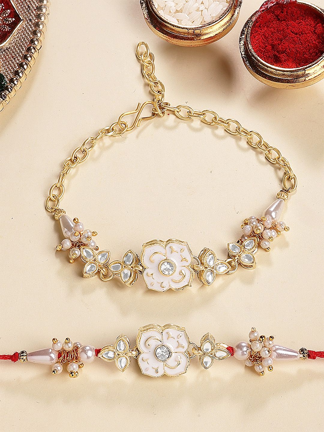 KARATCART Gold-Plated Meena Floral Kundan Bhiya Bhabhi Rakhi with Roli & Chawal-picture-27
