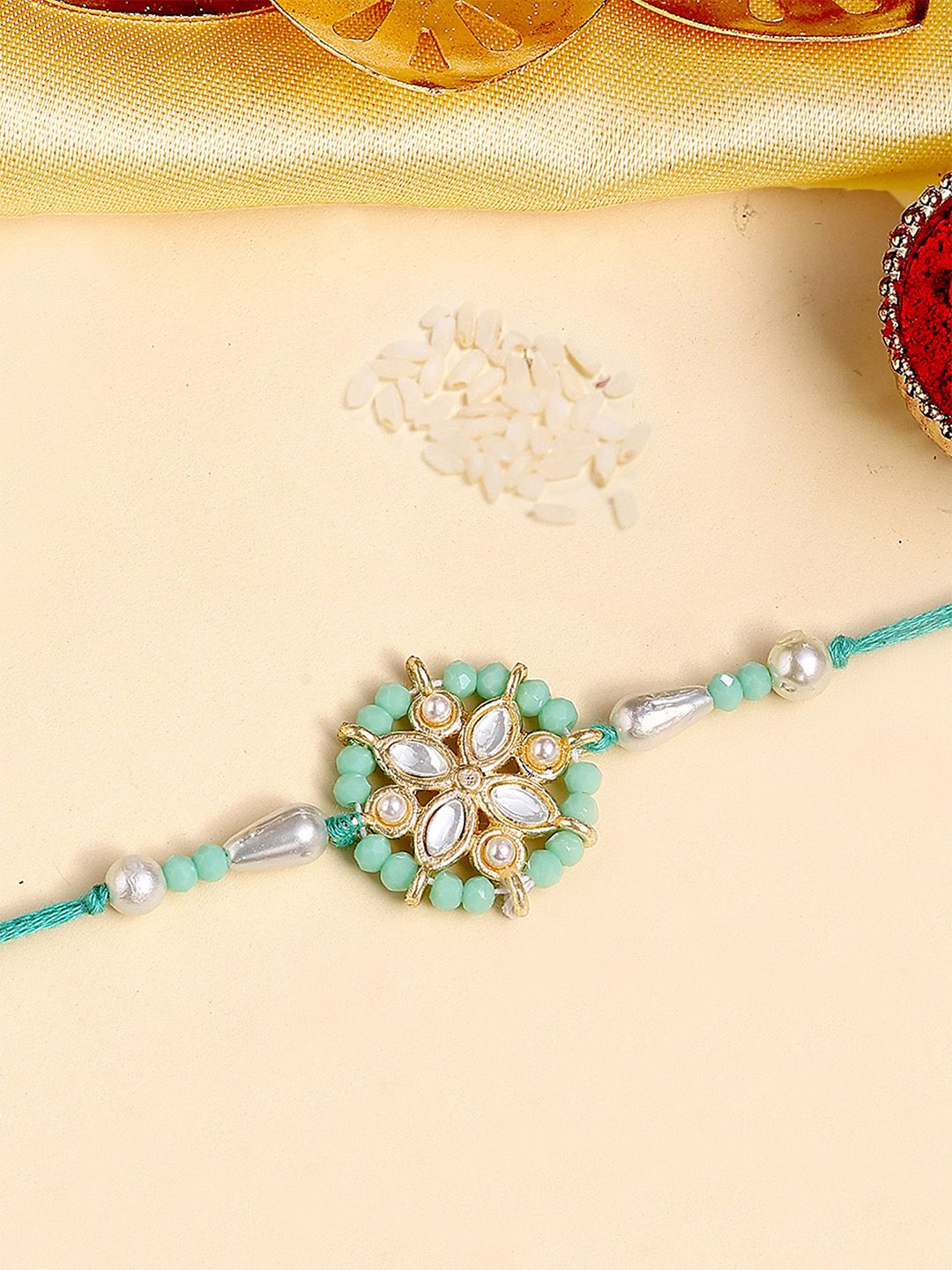 KARATCART Gold Plated Artificial Beads & Kundan Studded Floral Thread Rakhi-picture-55