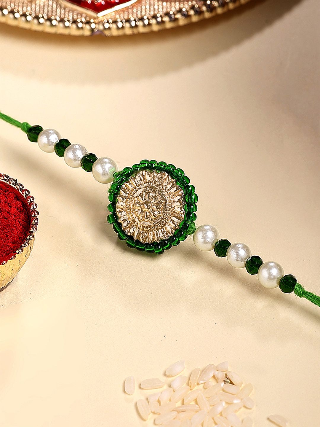 KARATCART Gold Plated Green Crystal Floral Kundan Bhaiya Rakhi with Roli & Chawal-picture-10