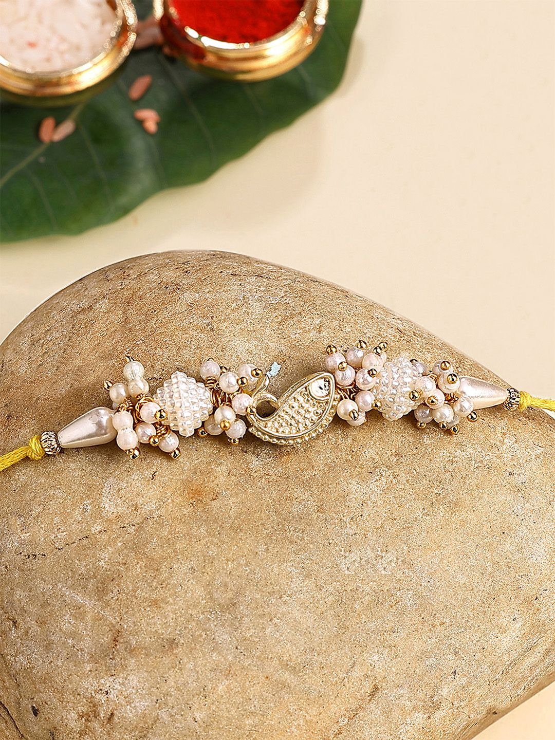 KARATCART Gold Plated Fish Design Kundan Bhiya Thread Rakhi with Roli & Chawal-picture-49
