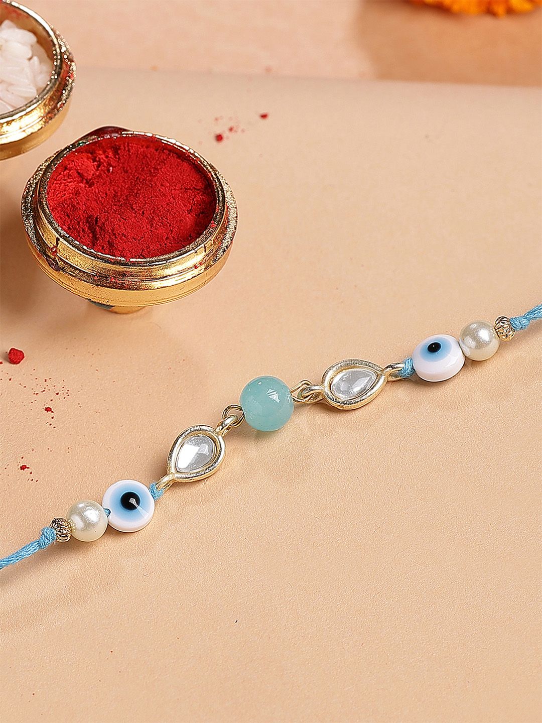 KARATCART Men Light Blue Bead Evil Eye Kundan Bhaiya Rakhi with Roli & Chawal Thread Rakhi-picture-13