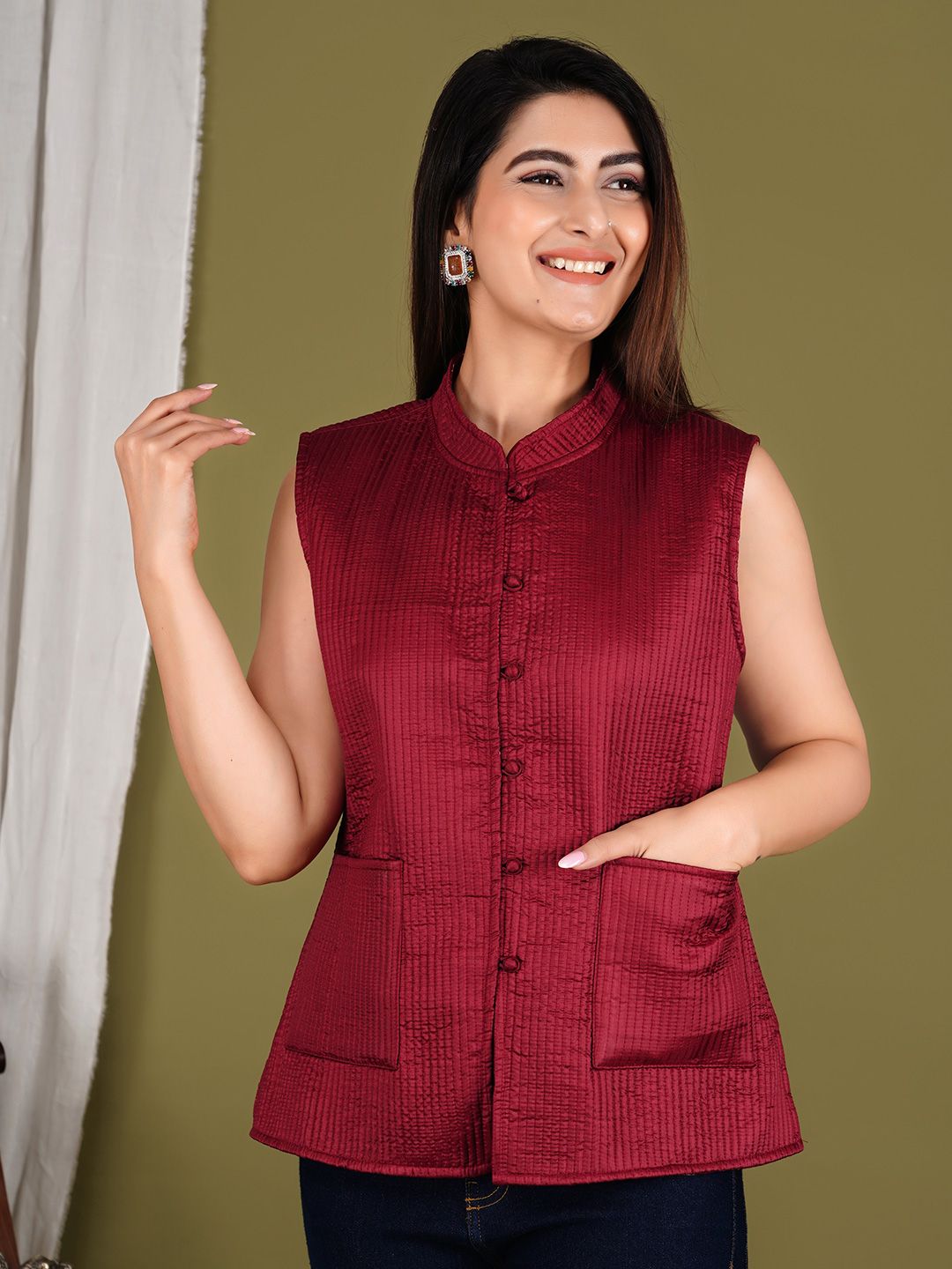 Vasjac Floral Printed Mandarin Collar Sleeveless Reversible Quilted Jacket-picture-37