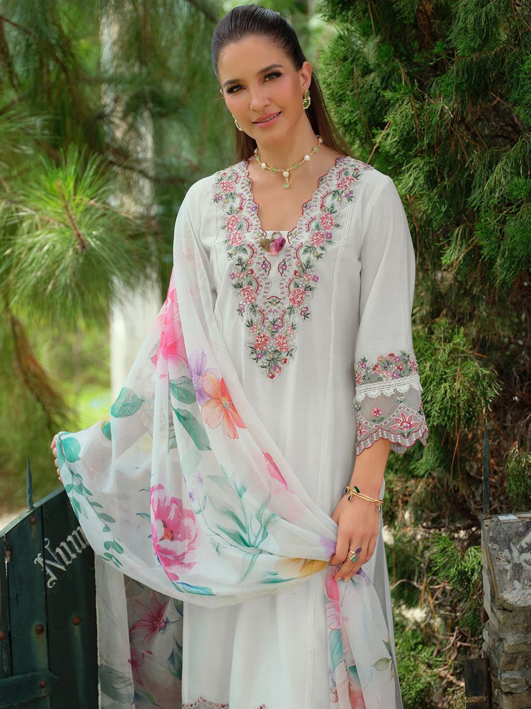 Indo Era Floral Yoke Design Square Neck Thread Work A-Line Kurta With Trousers & Dupatta