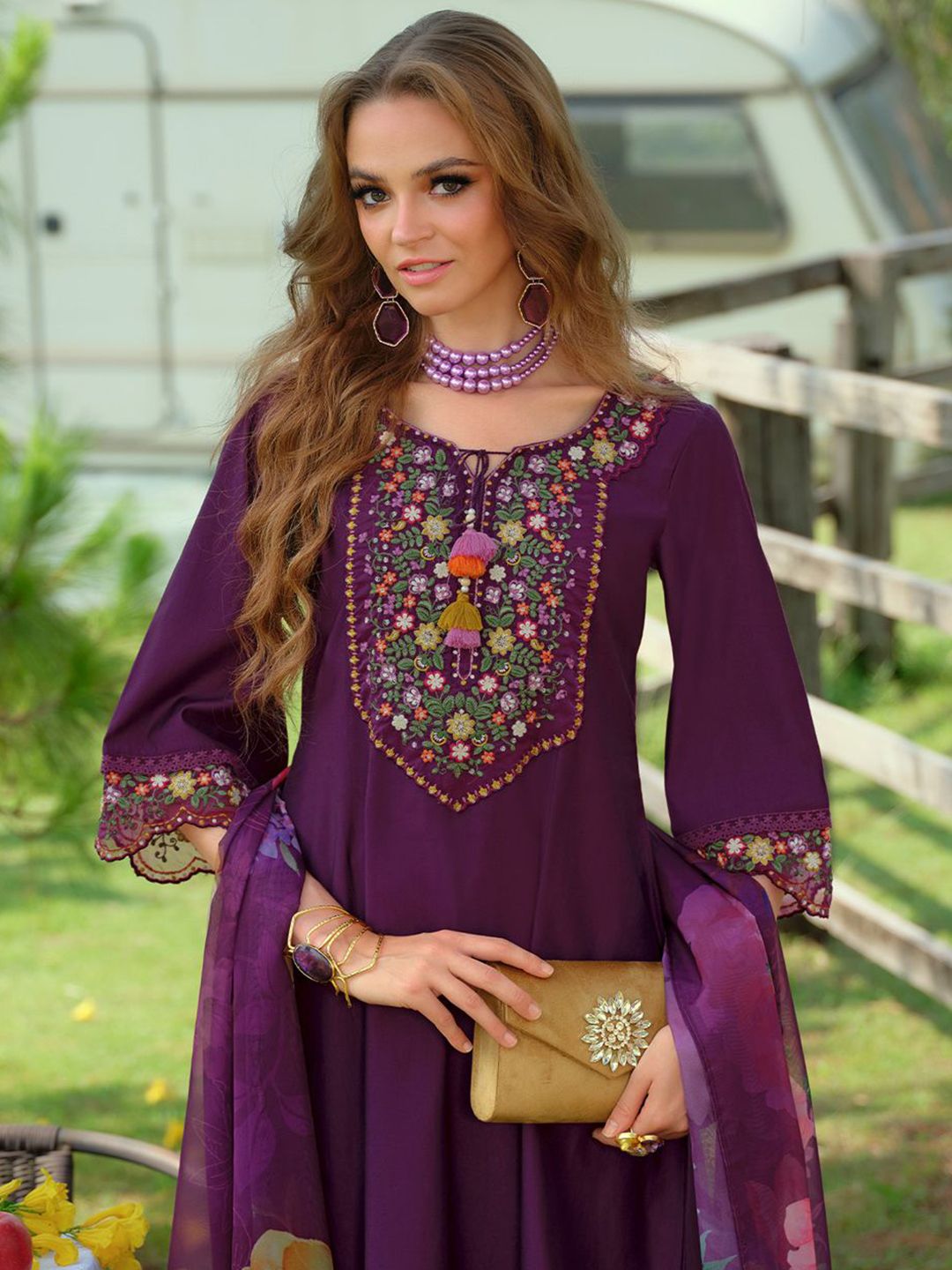 Indo Era Floral Yoke Design Tie-Up Neck Thread Work A-Line Kurta & Trousers With Dupatta