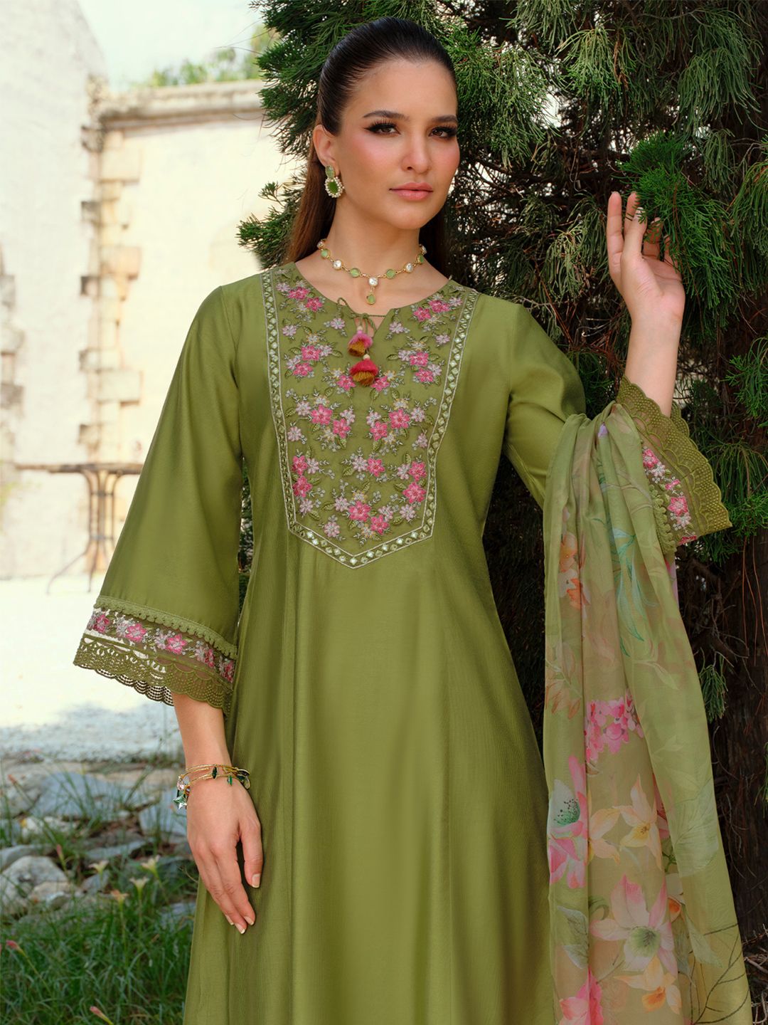 Indo Era Floral Embroidered Tieup Neck Liva A-Line Kurta With Trousers & Dupatta