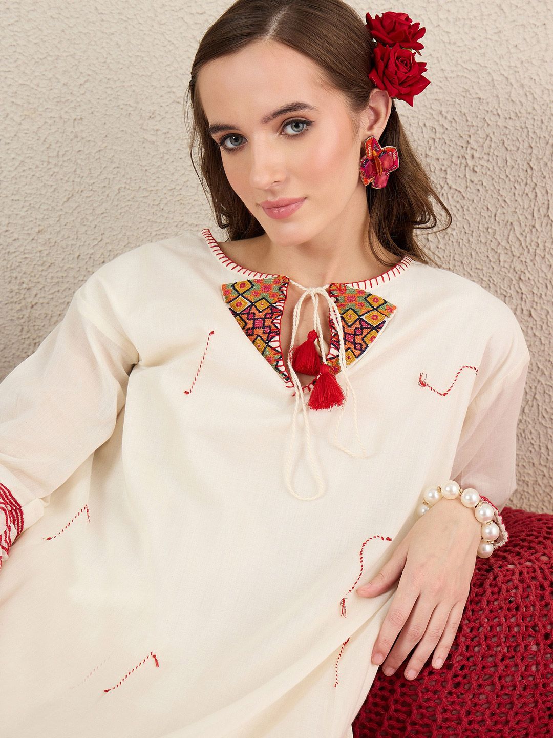 Indo Era Women Ethnic Motifs Embroidered Cotton Kurta with Trousers