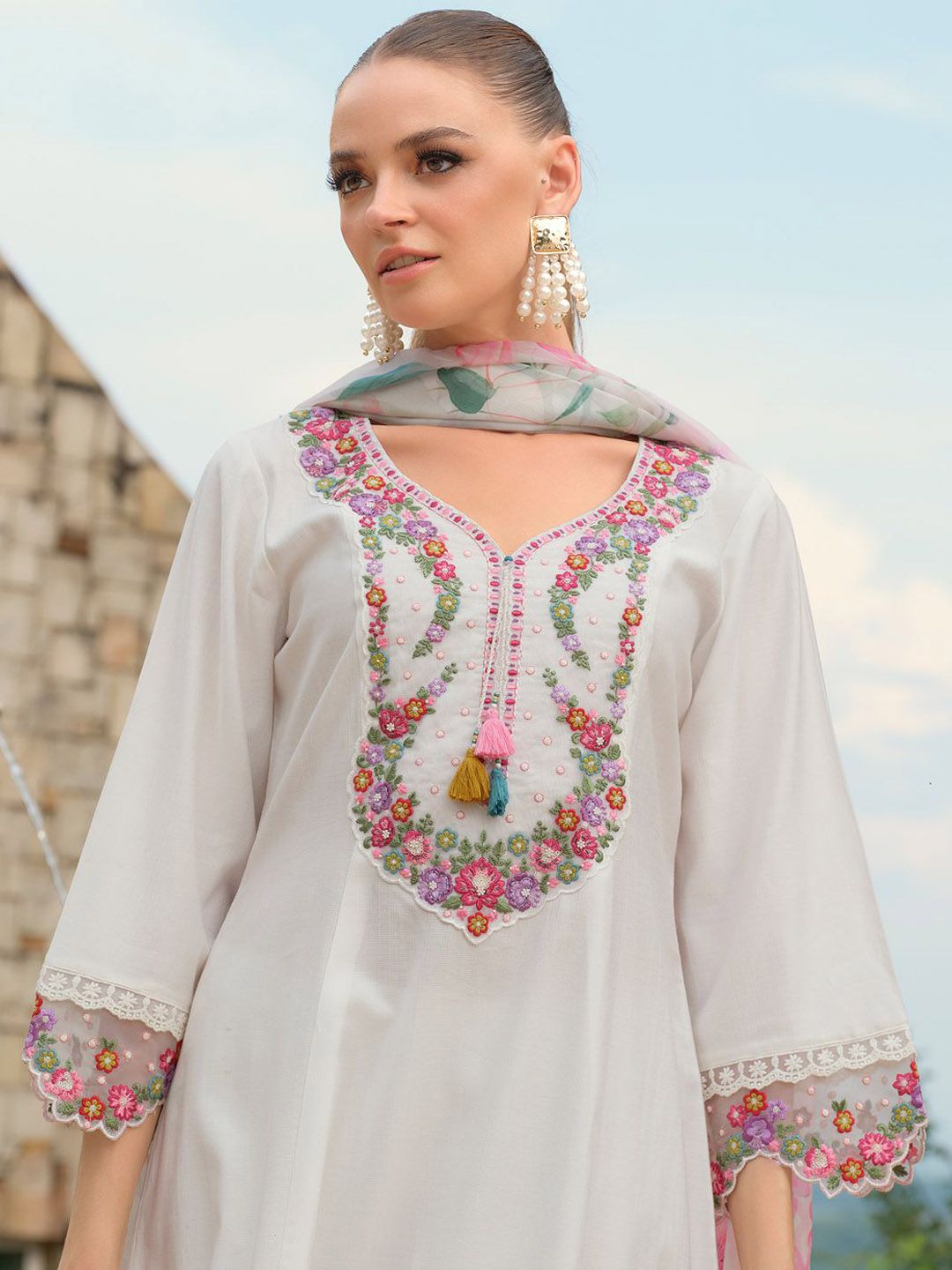 Indo Era Women Embroidered Thread Work Kurta with Trousers & Dupatta