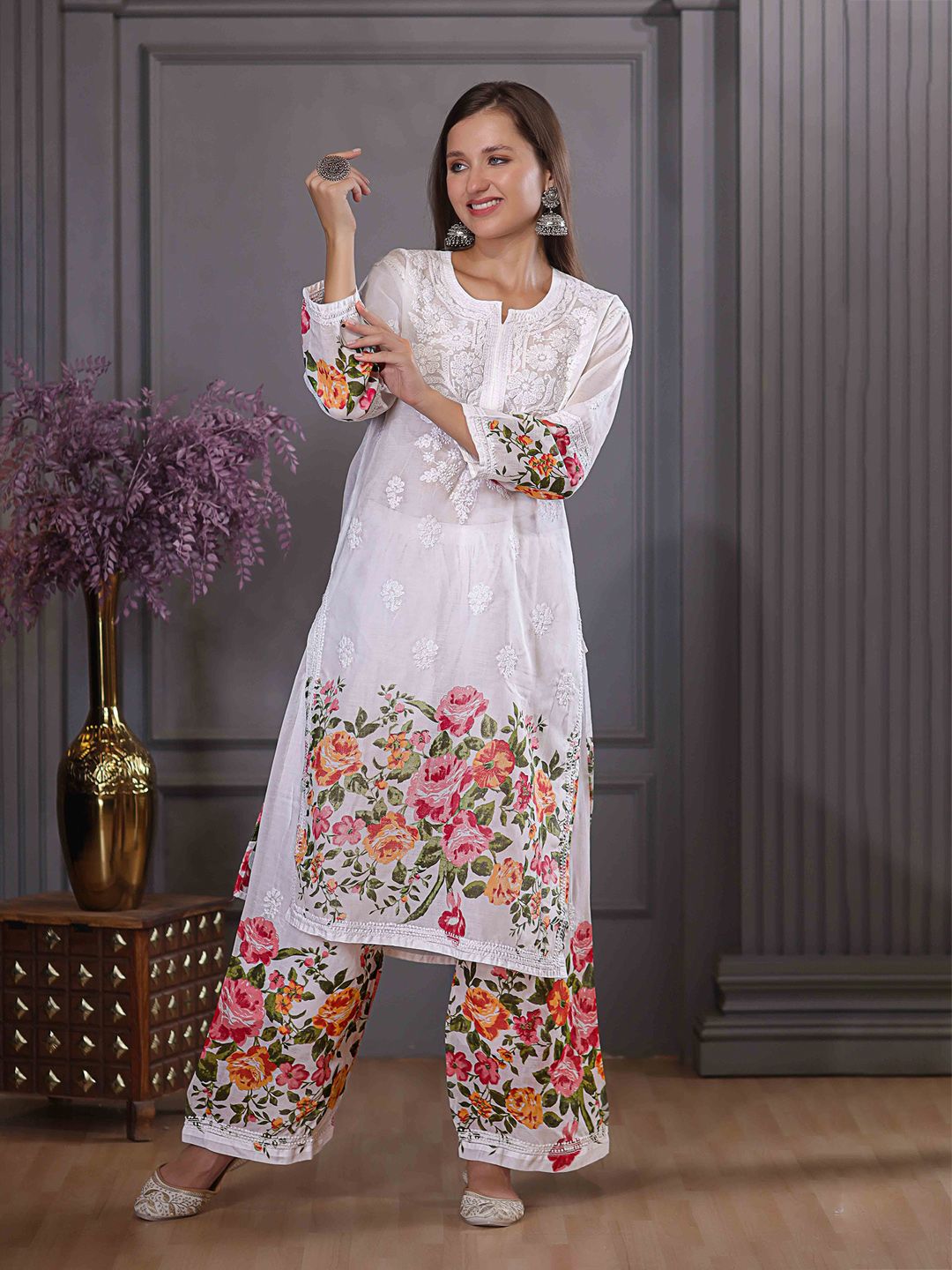 ILLICA Women Floral Embroidered Cotton Kurta with Palazzo-picture-15