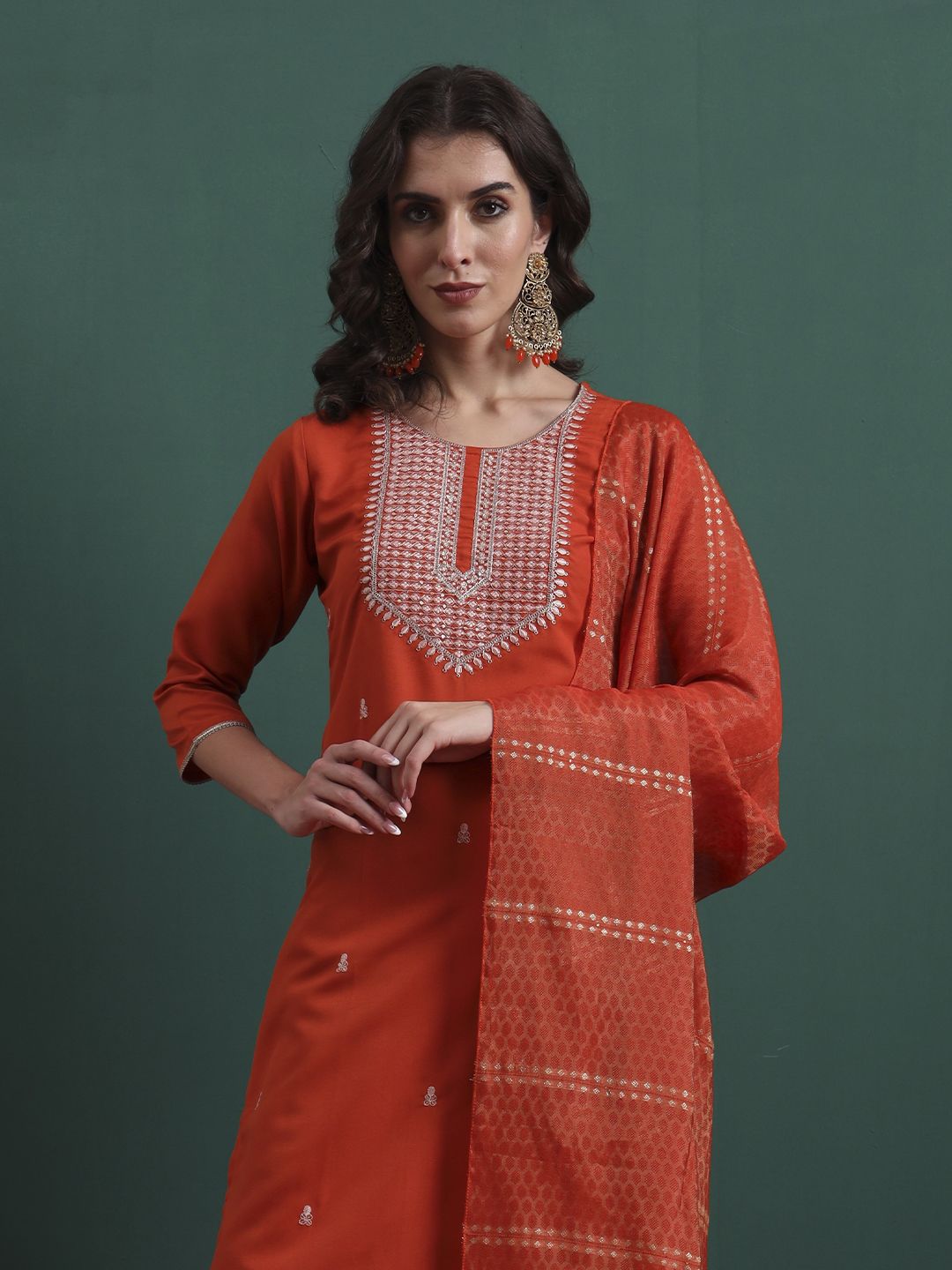 Royal Export Ethnic Motifs Embroidered Sequinned Straight Kurta With Trousers & Dupatta
