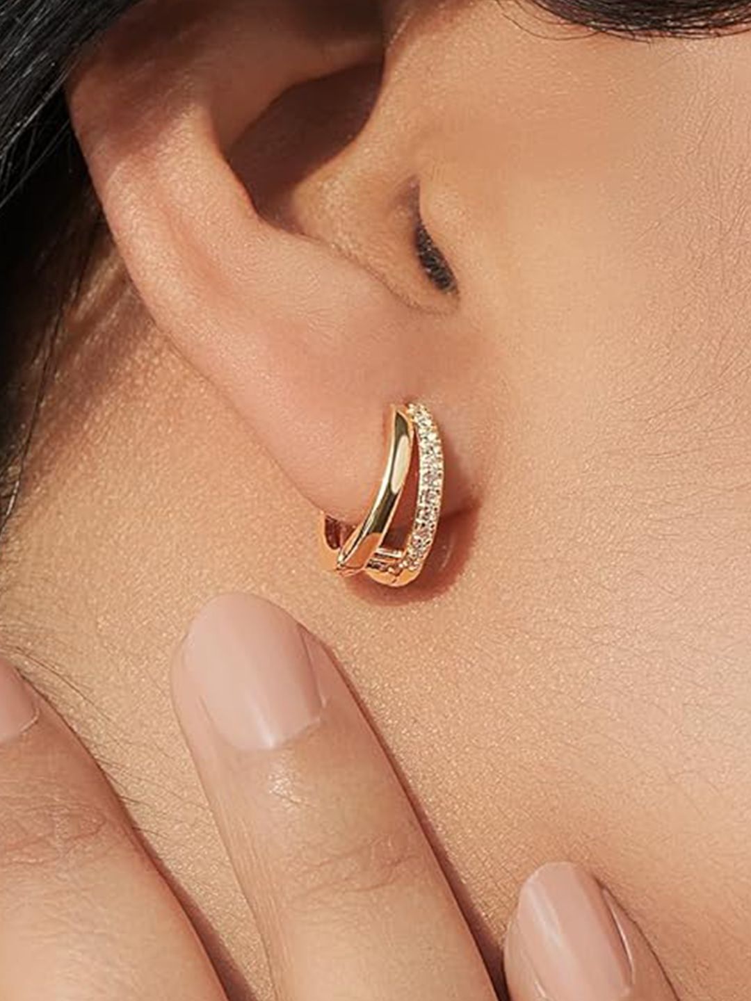 Amalfa Circular 18K Gold-Plated Stainless Steel Zircon Studded Hoop Earrings-picture-24