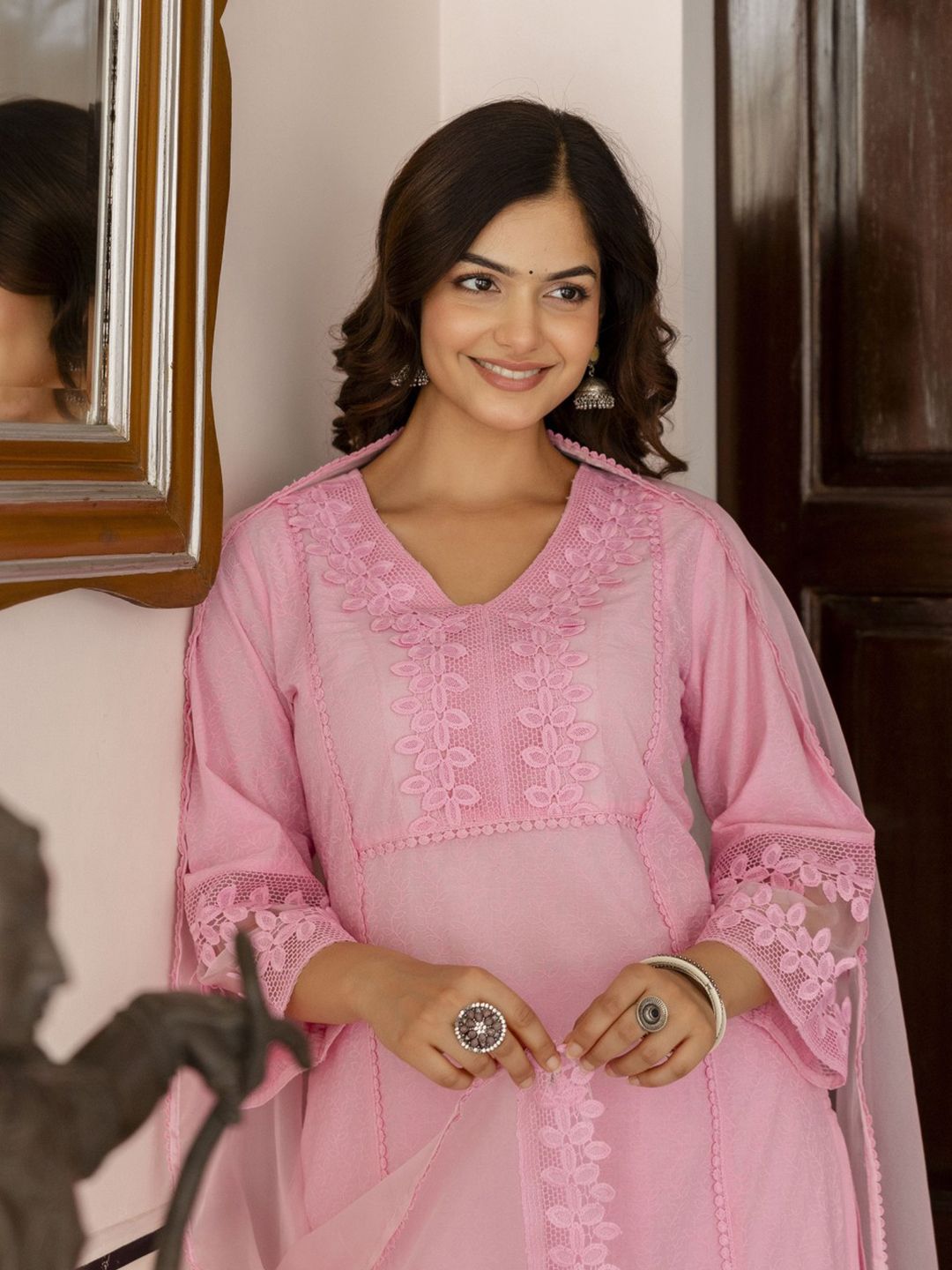 Anouk Ethnic Motifs Embroidered Pure Cotton Straight Kurta With Palazzos & Dupatta