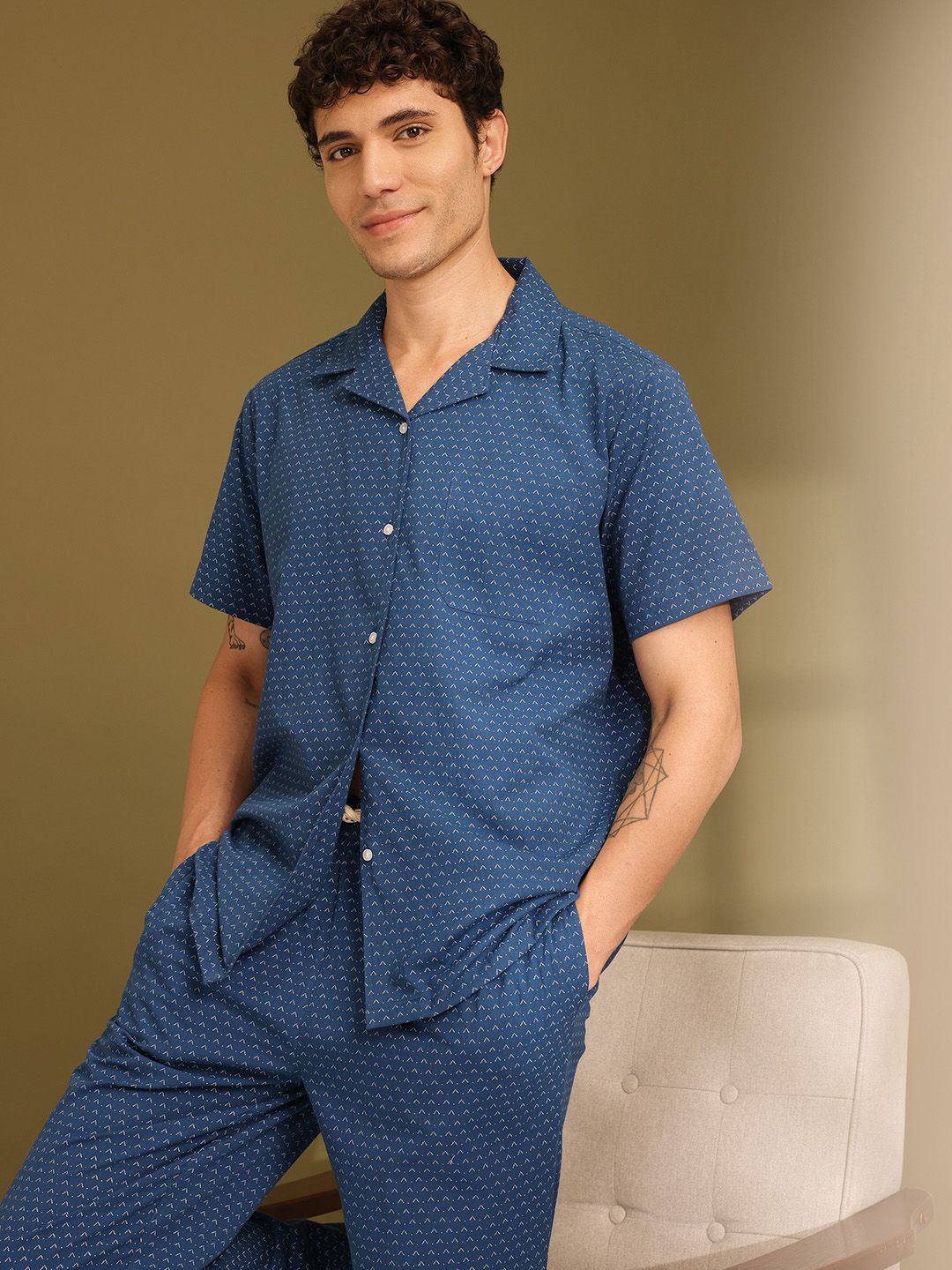 ETC Pure Cotton Geometric Printed Lapel Collar Shirt with Pyjamas MY-SO67-NAVY BLUE AOP-picture-55