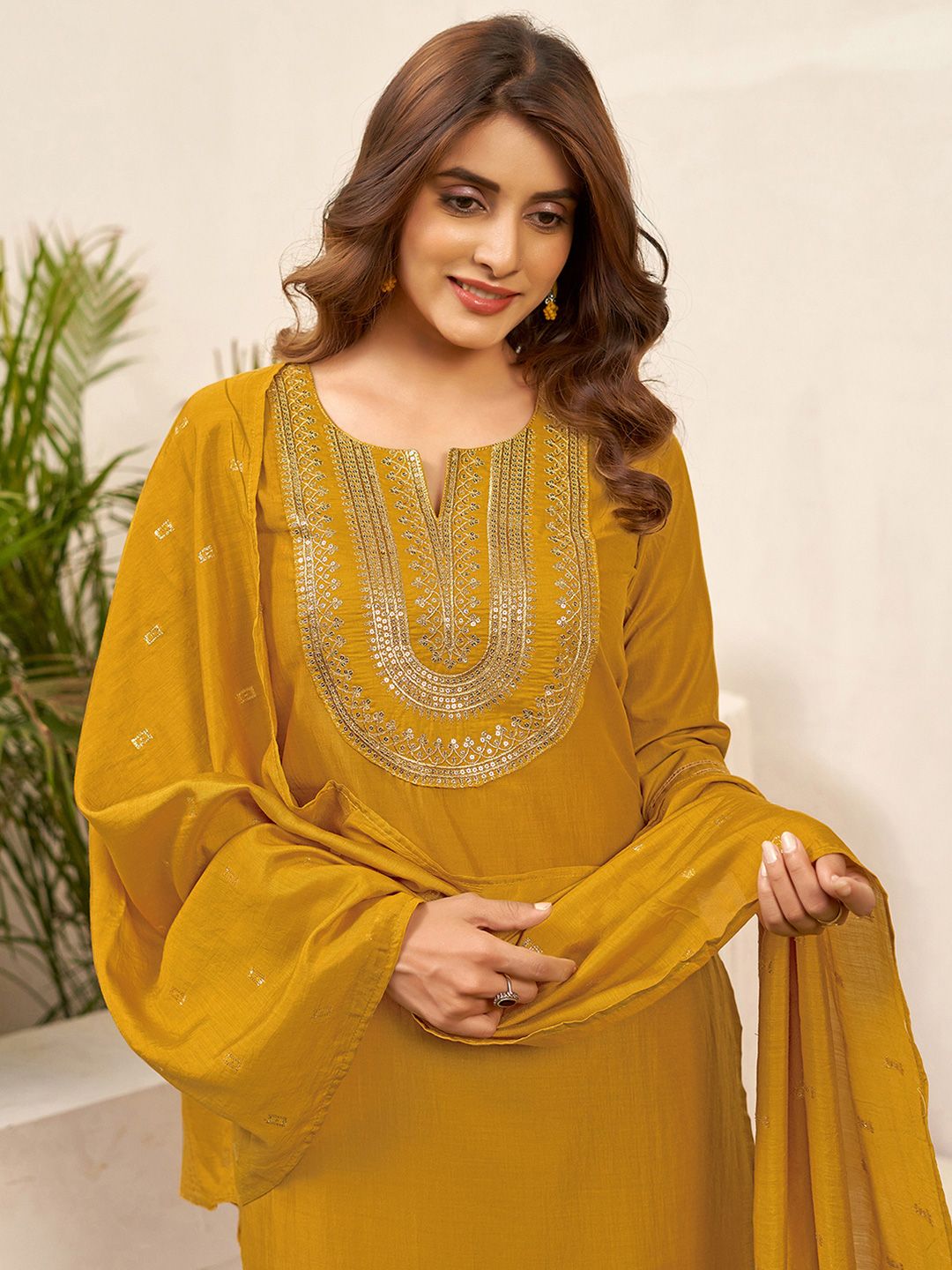 SANISA Yoke Design Embroidered Gotta Patti Straight Kurta with Trousers And Dupatta