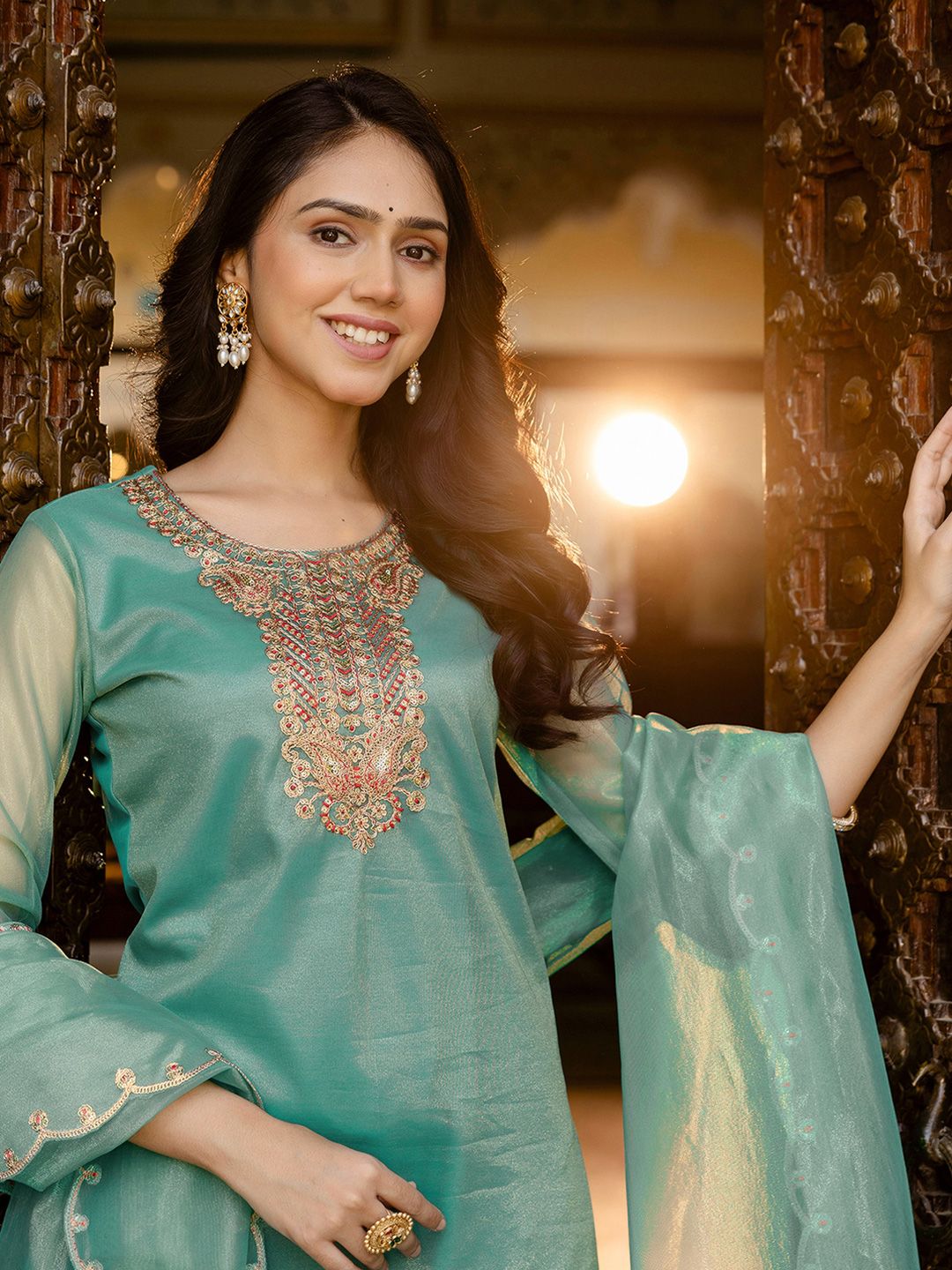 SANISA Geometric Yoke Design Sequinned Straight Kurta With Trousers And Dupatta