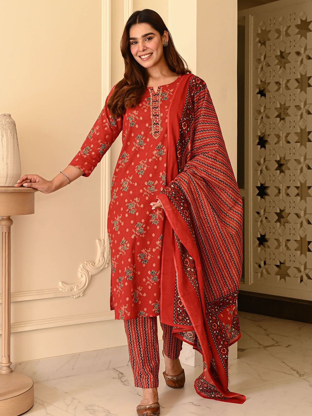 Bunaai Titli Floral Printed Sequinned Pure Cotton Kurta With Trousers & Dupatta