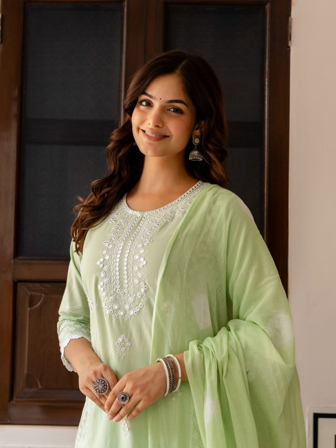 Anouk Women Ethnic Motifs Embroidered Mirror Work Pure Cotton Kurta Set with Dupatta