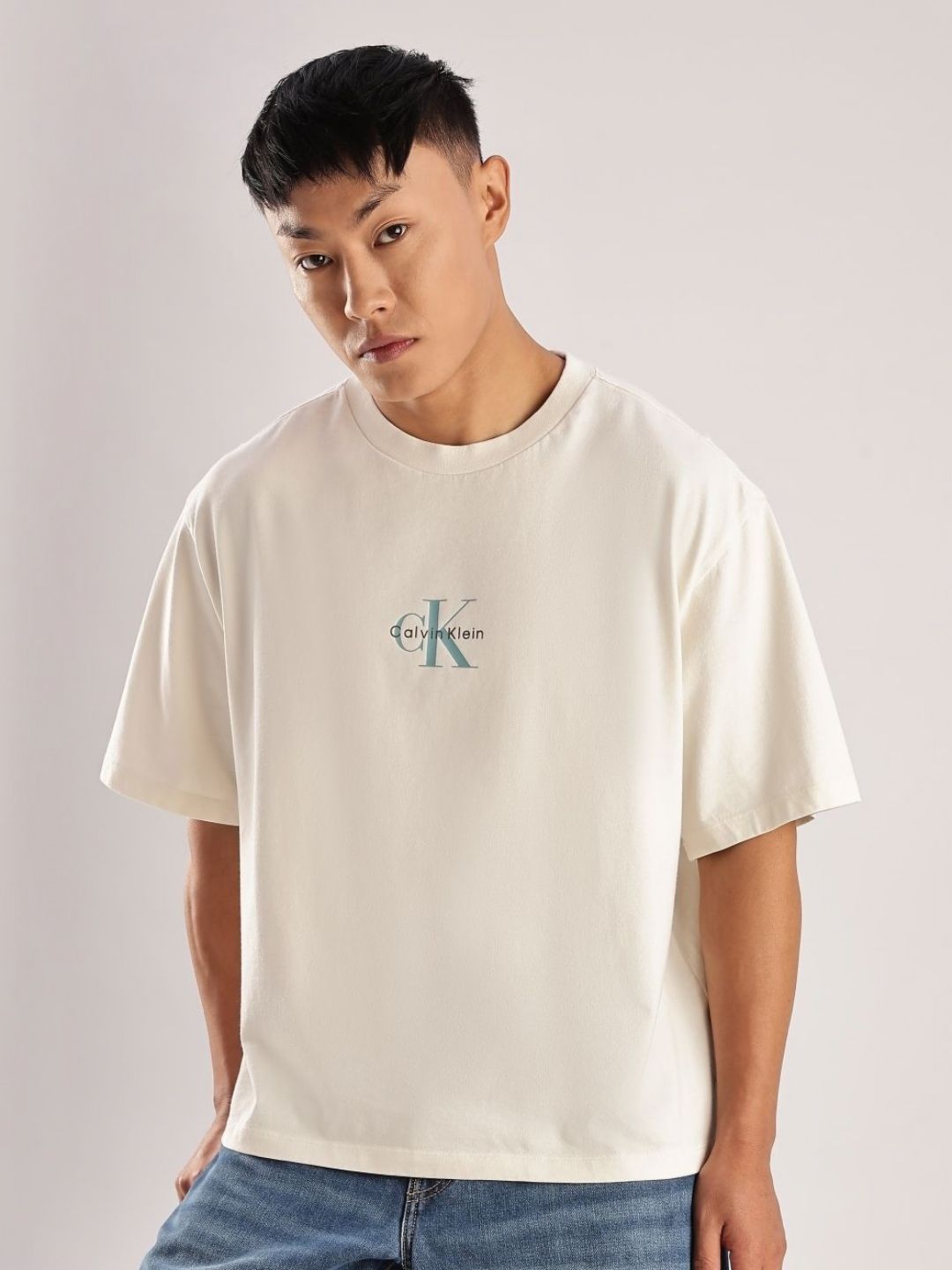 Calvin Klein Jeans Brand Logo Printed Drop-Shoulder Sleeves Relaxed Fit Cotton T-shirt-picture-41