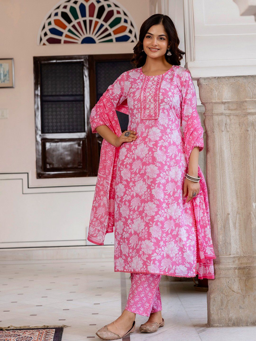 Anouk Floral Printed Thread Work Pure Cotton Kurta with Palazzos & Dupatta