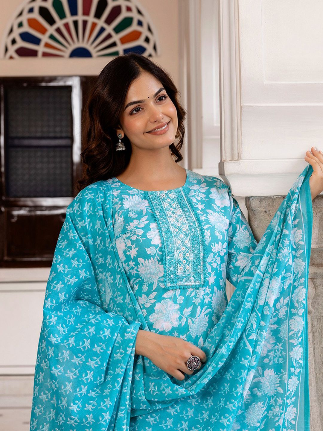 Anouk Ethnic Motifs Embroidered Thread Work Pure Cotton Kurta with Palazzos & Dupatta