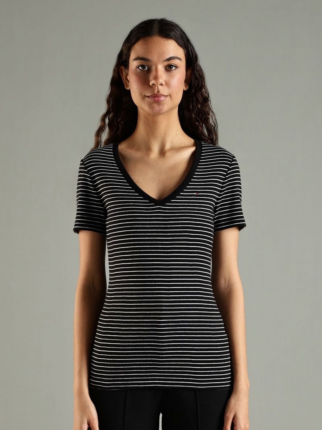 Tommy Hilfiger Women Striped V-Neck Pure Cotton T-shirt-picture-24