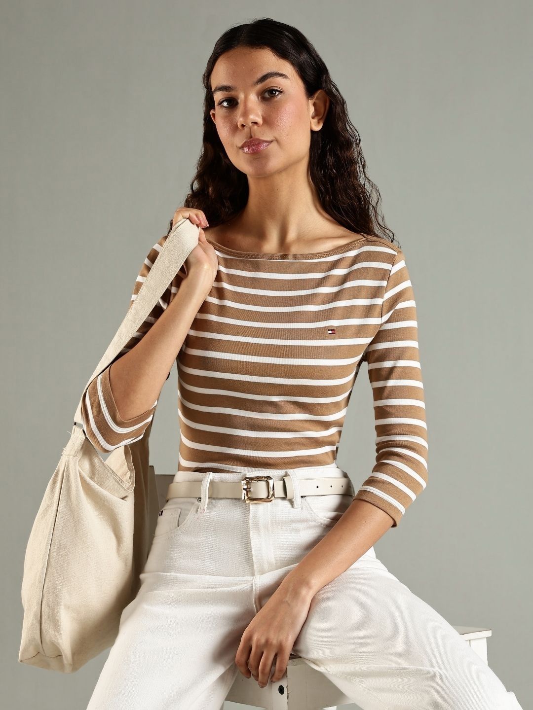 Tommy Hilfiger Women Striped Boat Neck Pure Cotton Slim Fit T-shirt-picture-41