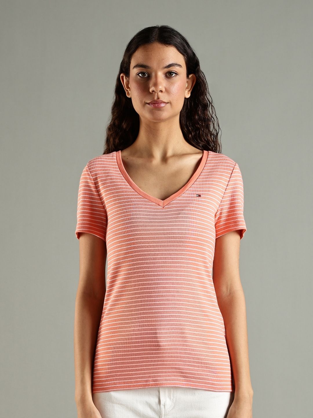 Tommy Hilfiger Women Striped V-Neck Pure Cotton T-shirt-picture-21