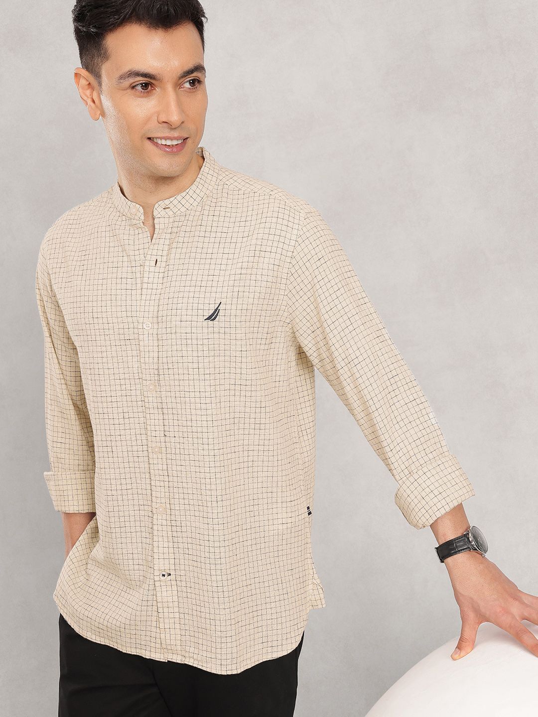 Nautica Men Premium Slim Fit Striped Mandarin Collar Cotton Linen Casual Shirt-picture-37