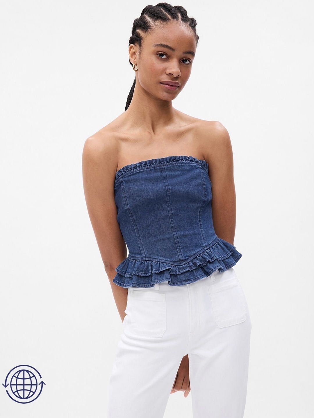 GAP Smocked & Ruffled Detail Crop Corset-Style Denim Tube Top-picture-52