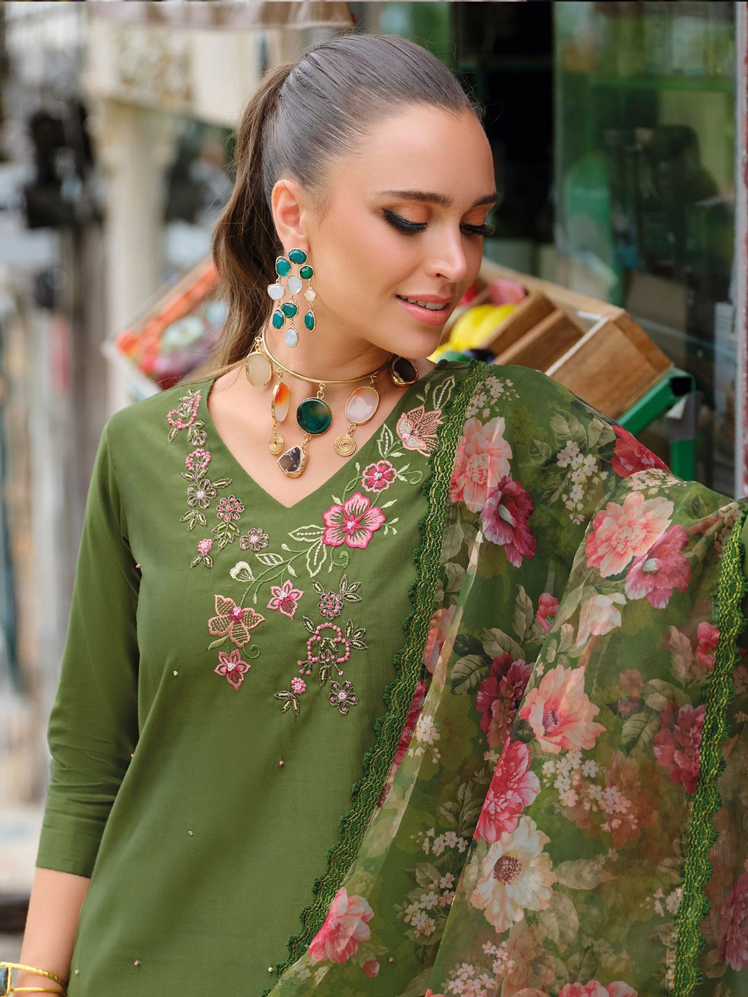 Indo Era Floral Embroidered V-Neck Thread Work Liva Straight Kurta & Trousers With Dupatta