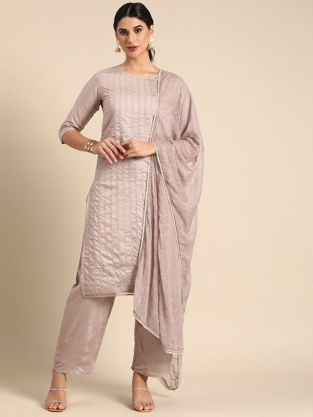 House of Pataudi Women Ethnic Motifs Embroidered Kurta With Palazzos & Dupatta