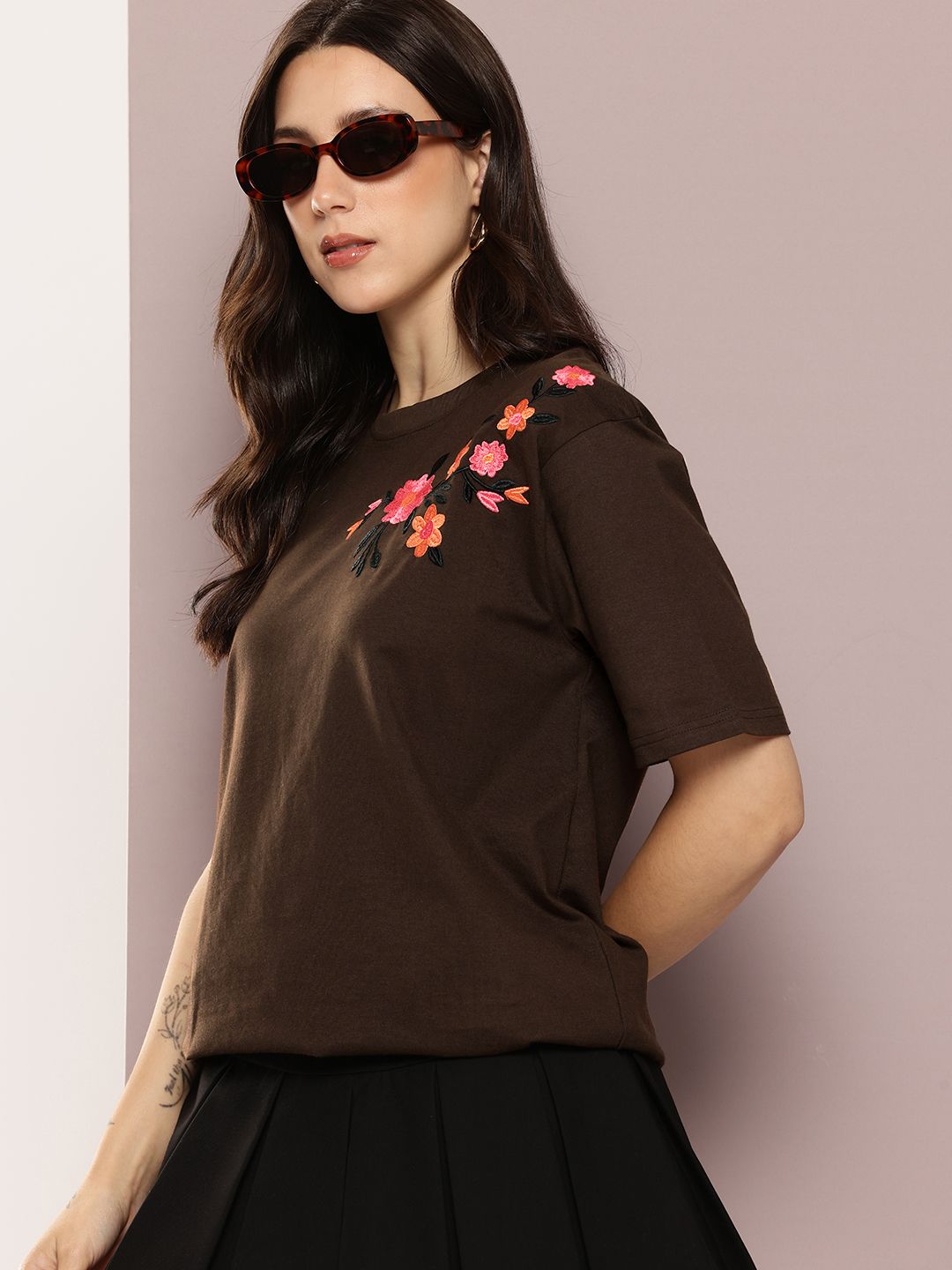 DILLINGER Women Floral Embroidered Oversized Pure Cotton T-shirt-picture-12