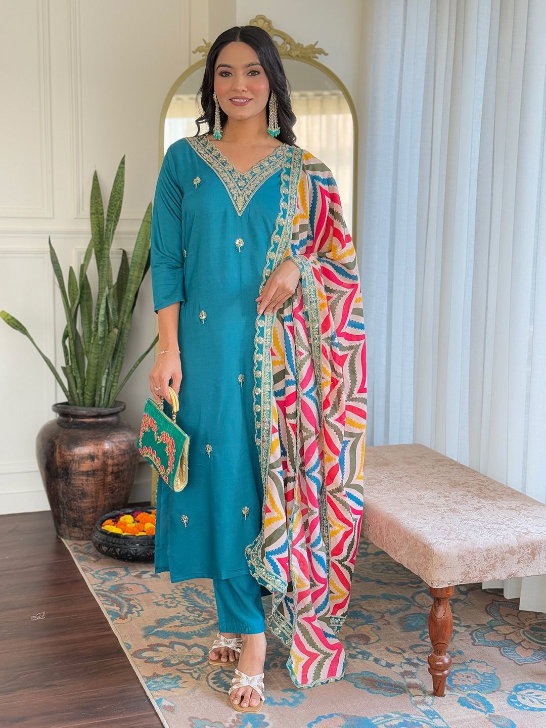 CaniBani Teal Silk Blend Kurta Sets