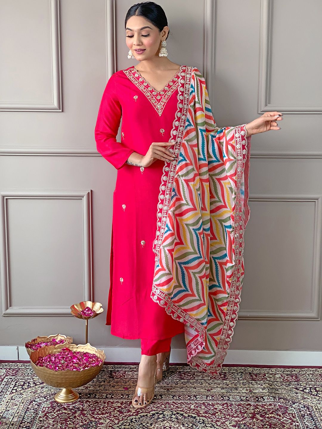 CaniBani Pink Silk Blend Kurta Sets