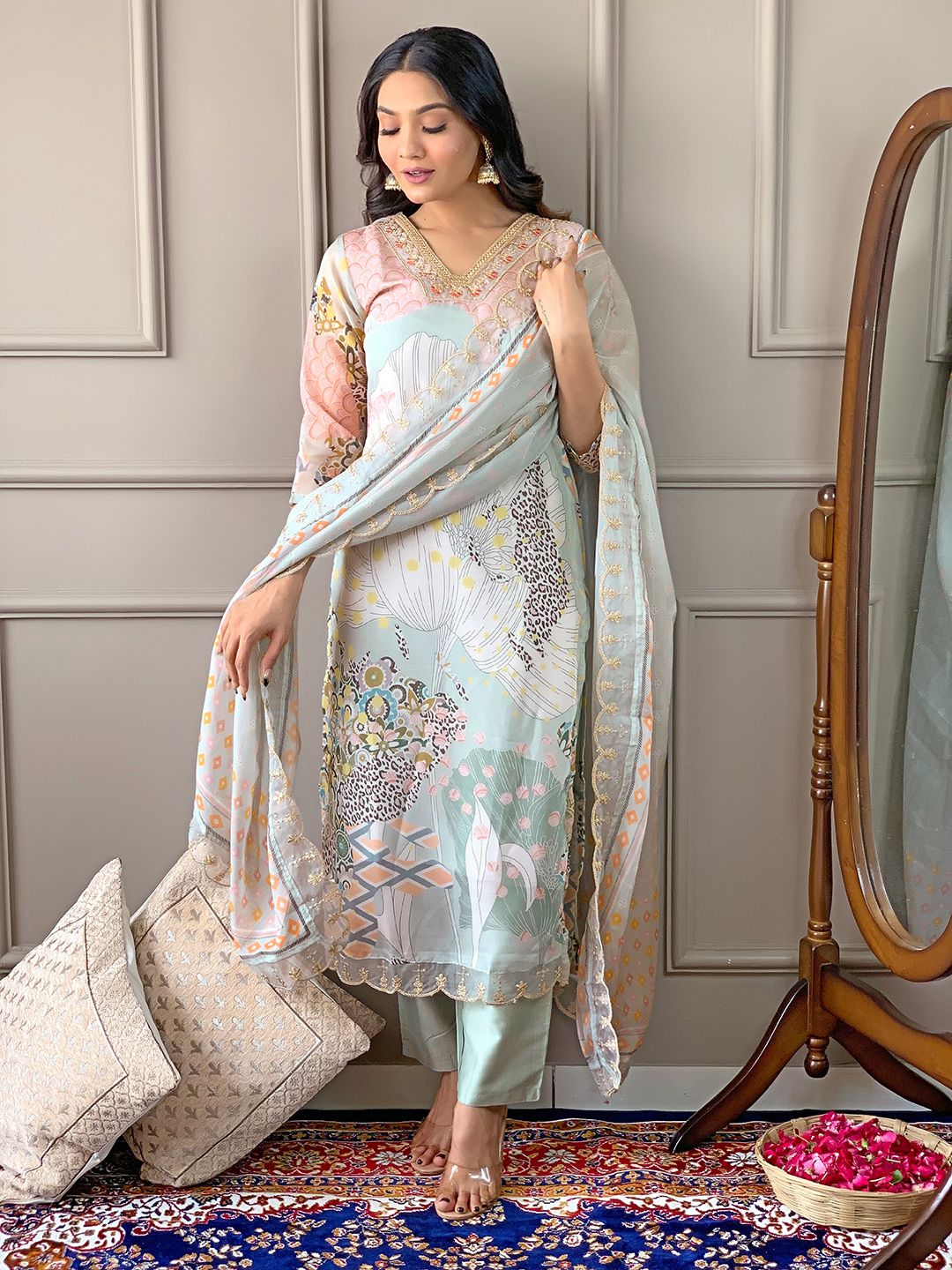 CaniBani Lime Green Organza Kurta Sets