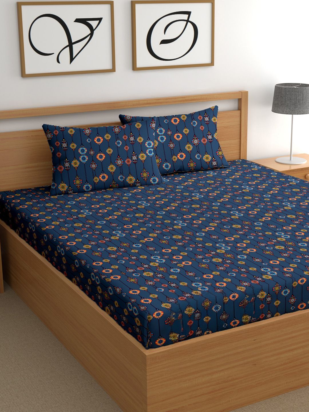 CG HOMES Blue Ethnic Motifs Printed Cotton 210 TC Fitted Queen Bedsheet 1.82 m x 1.82 m-picture-28