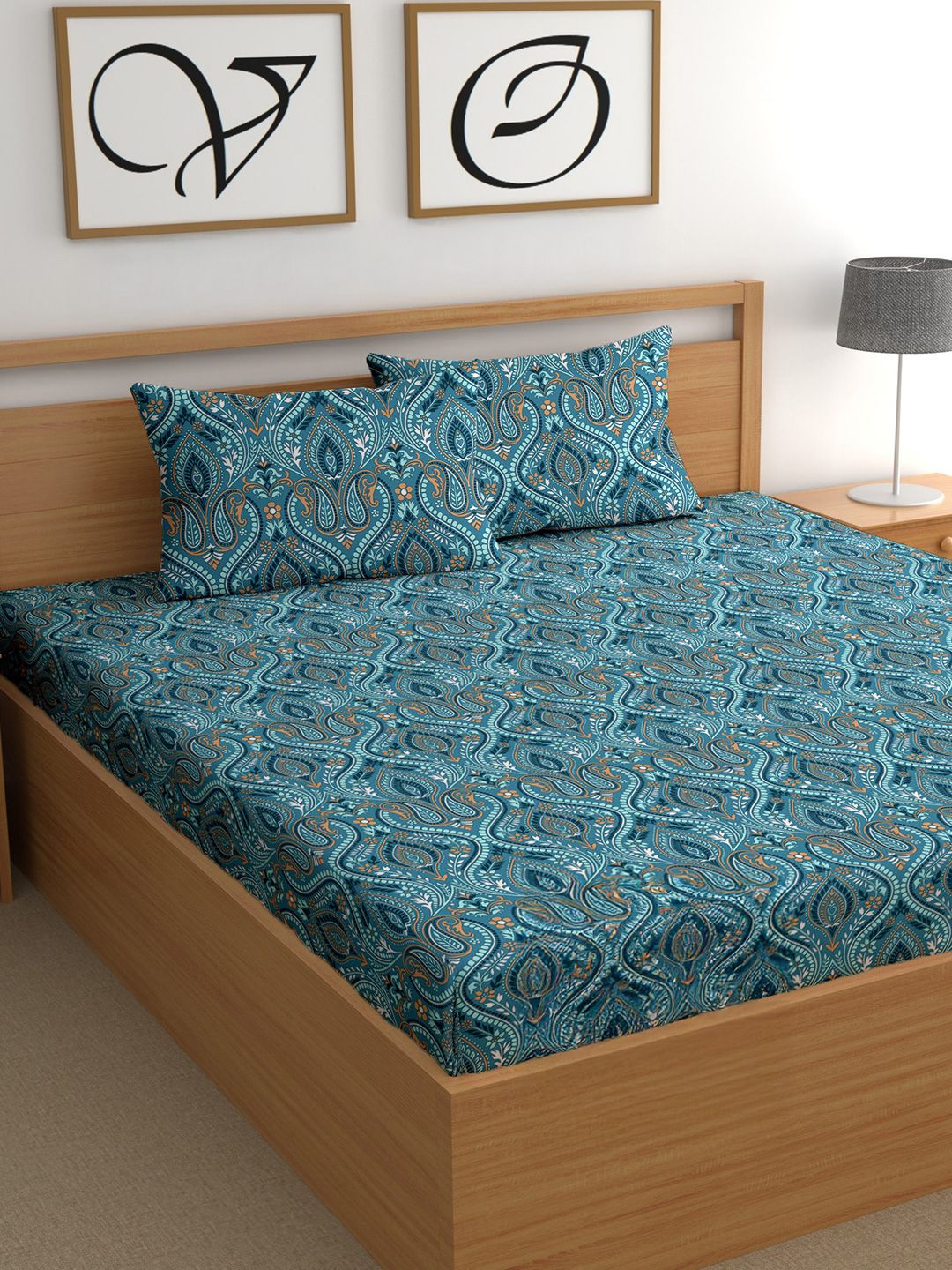 CG HOMES Blue Ethnic Motifs Printed Cotton 210 TC Fitted Queen Bedsheet 1.82 m x 1.82 m-picture-29