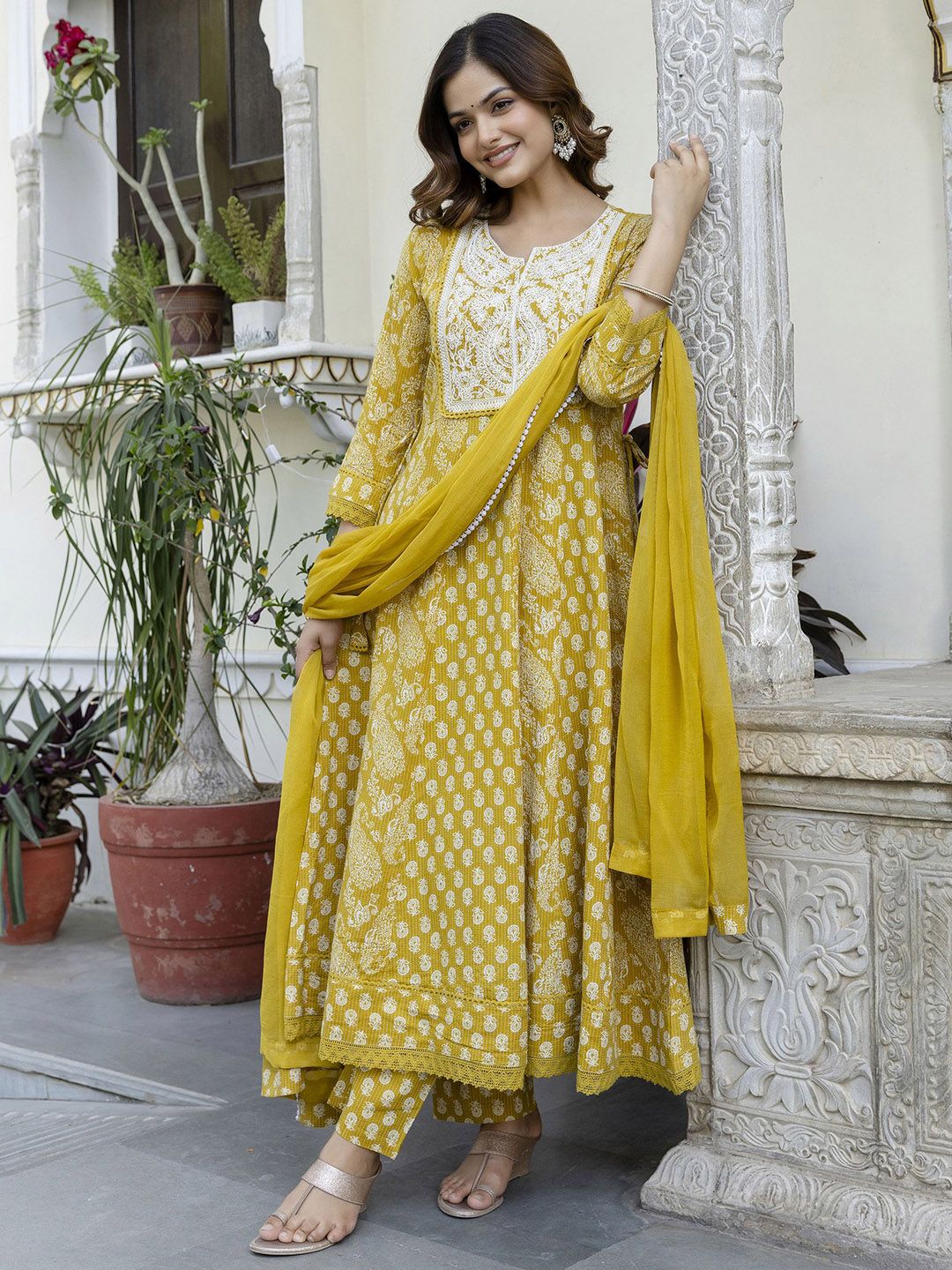 Anouk Women Ethnic Motifs Embroidered Pure Cotton Anarkali Kurta with Trousers & Dupatta