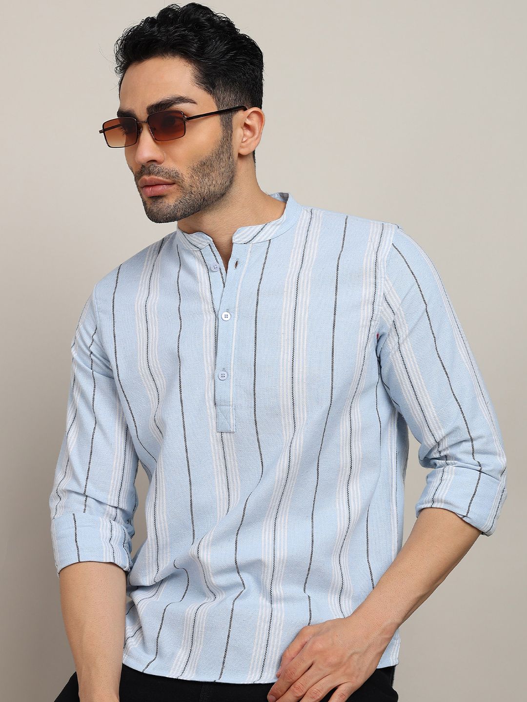 HERE&NOW Striped Mandarin Collar Pure Cotton Short Kurta-picture-40