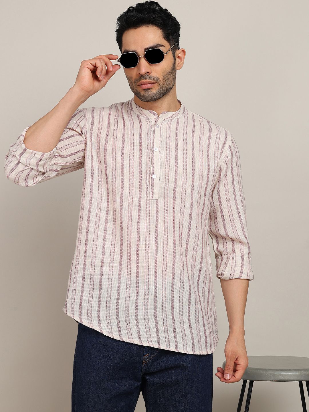 HERE&NOW Men Striped Daily Cotton Straight Short Kurta-picture-28