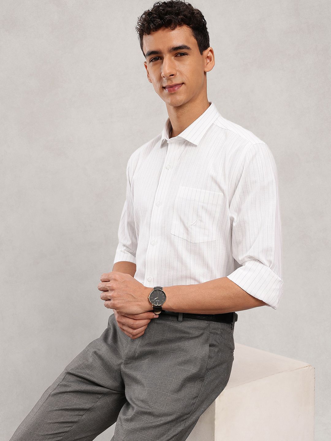 Nautica Men Premium Slim Fit Striped Cotton Linen Formal Shirt-picture-23