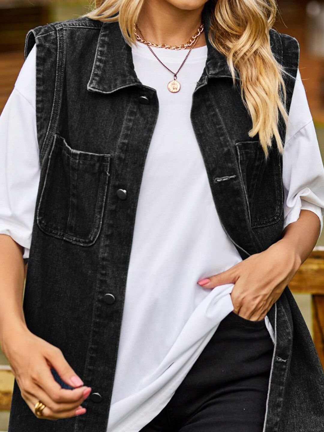Oh Rare Women Spread Collar Sleeveless Longline Denim Jacket-picture-42